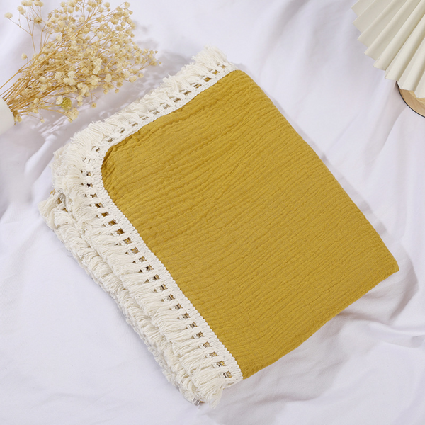 100% Cotton Muslin Fringe Blanket - Mustard
