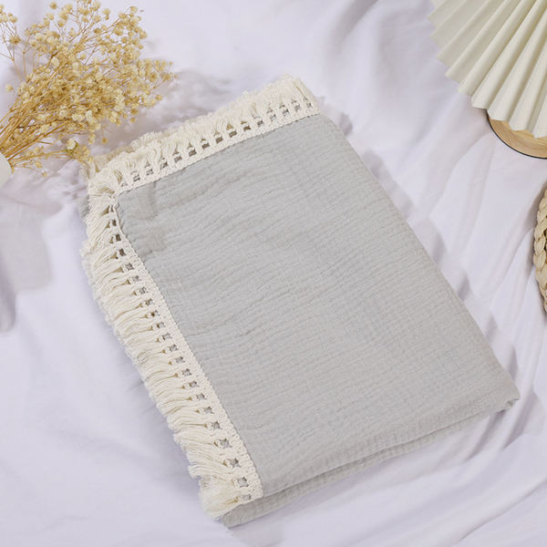 100% Cotton Muslin Fringe Blanket - Grey