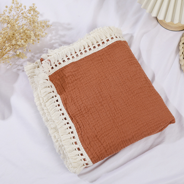 100% Cotton Muslin Fringe Blanket - Burnt Orange