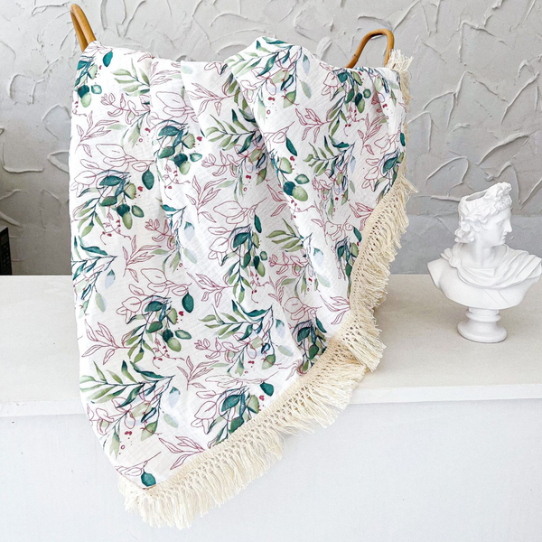 100% Cotton Muslin Fringe Blanket - Olive Branch