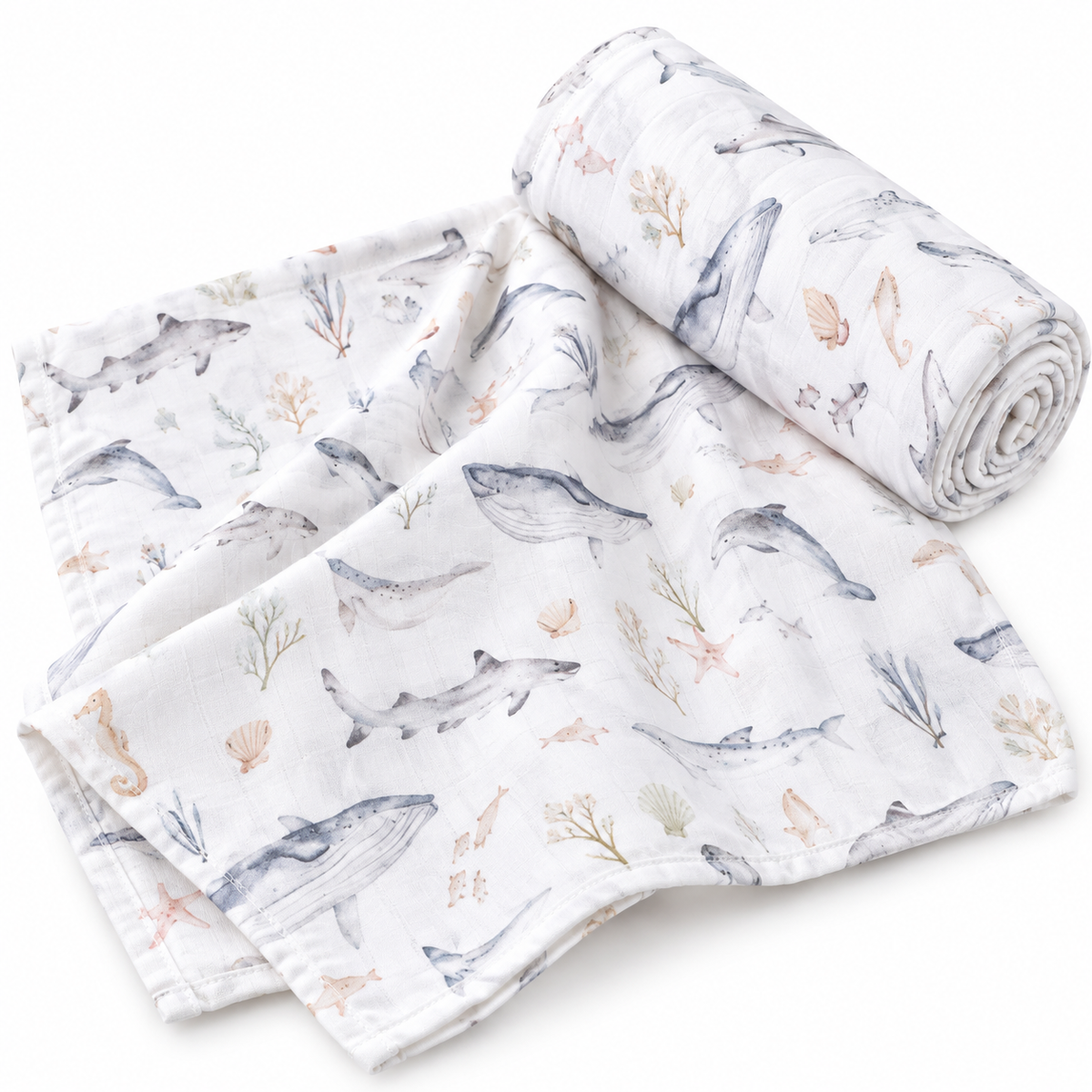 Bamboo Cotton Muslin Blanket - Watercolour Whales