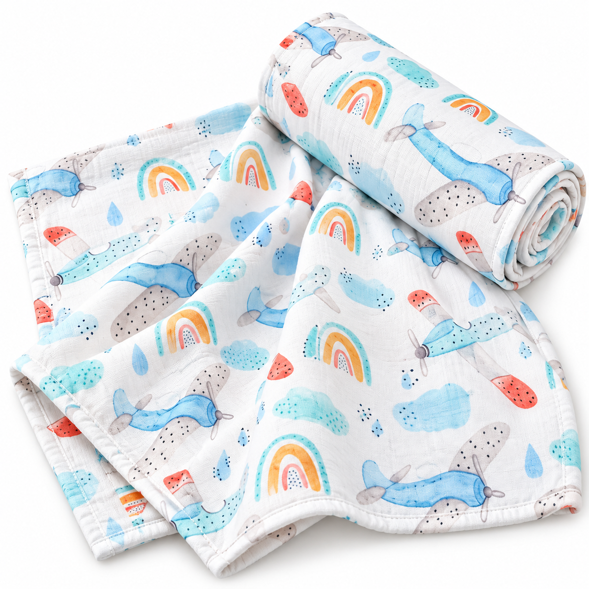 Bamboo Cotton Muslin Blanket - Watercolor Airplanes