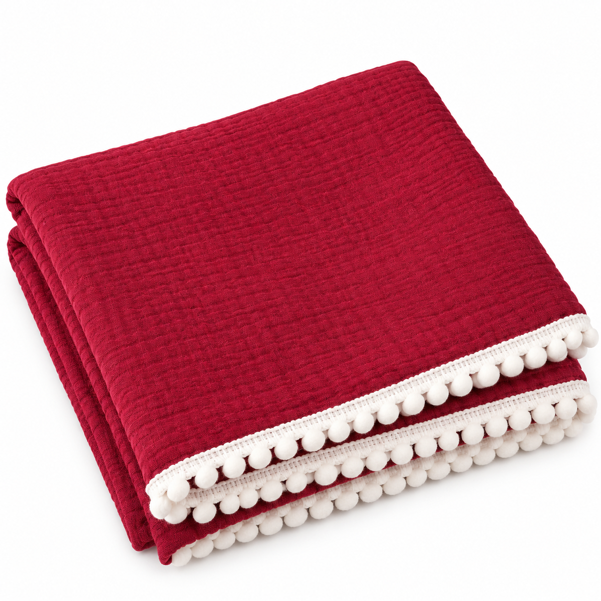 100% Cotton Muslin Pom Pom Blanket - Wine Red