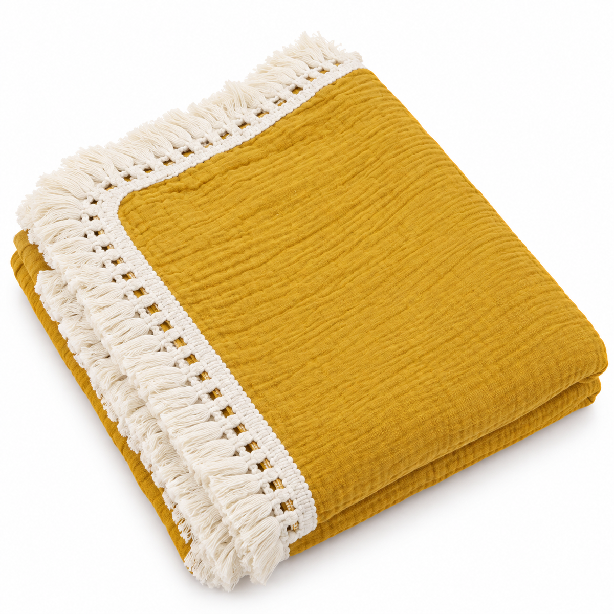 100% Cotton Muslin Fringe Blanket - Mustard