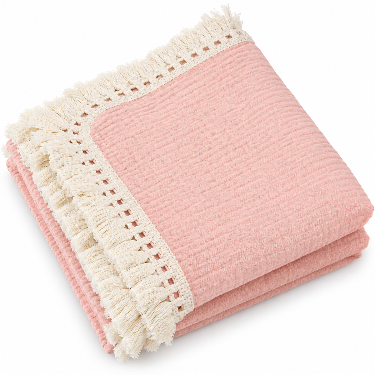 100% Cotton Muslin Fringe Blanket - Pink