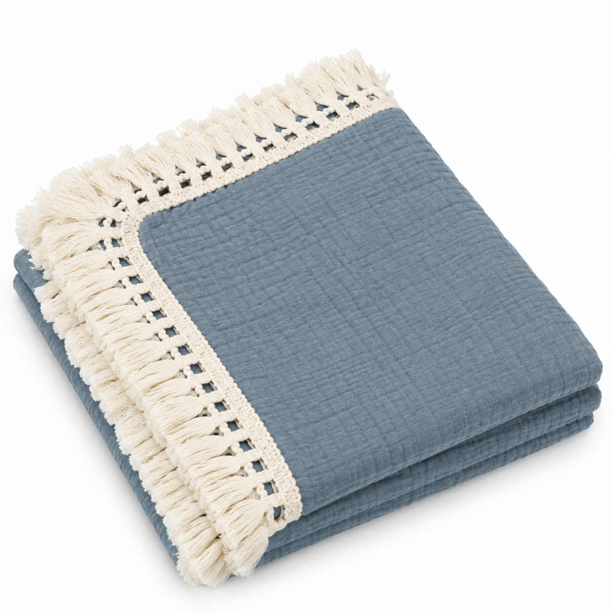 100% Cotton Muslin Fringe Blanket - Blue