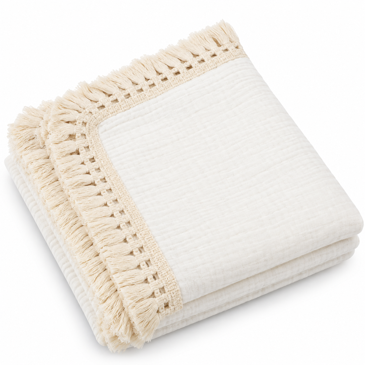 100% Cotton Muslin Fringe Blanket - White