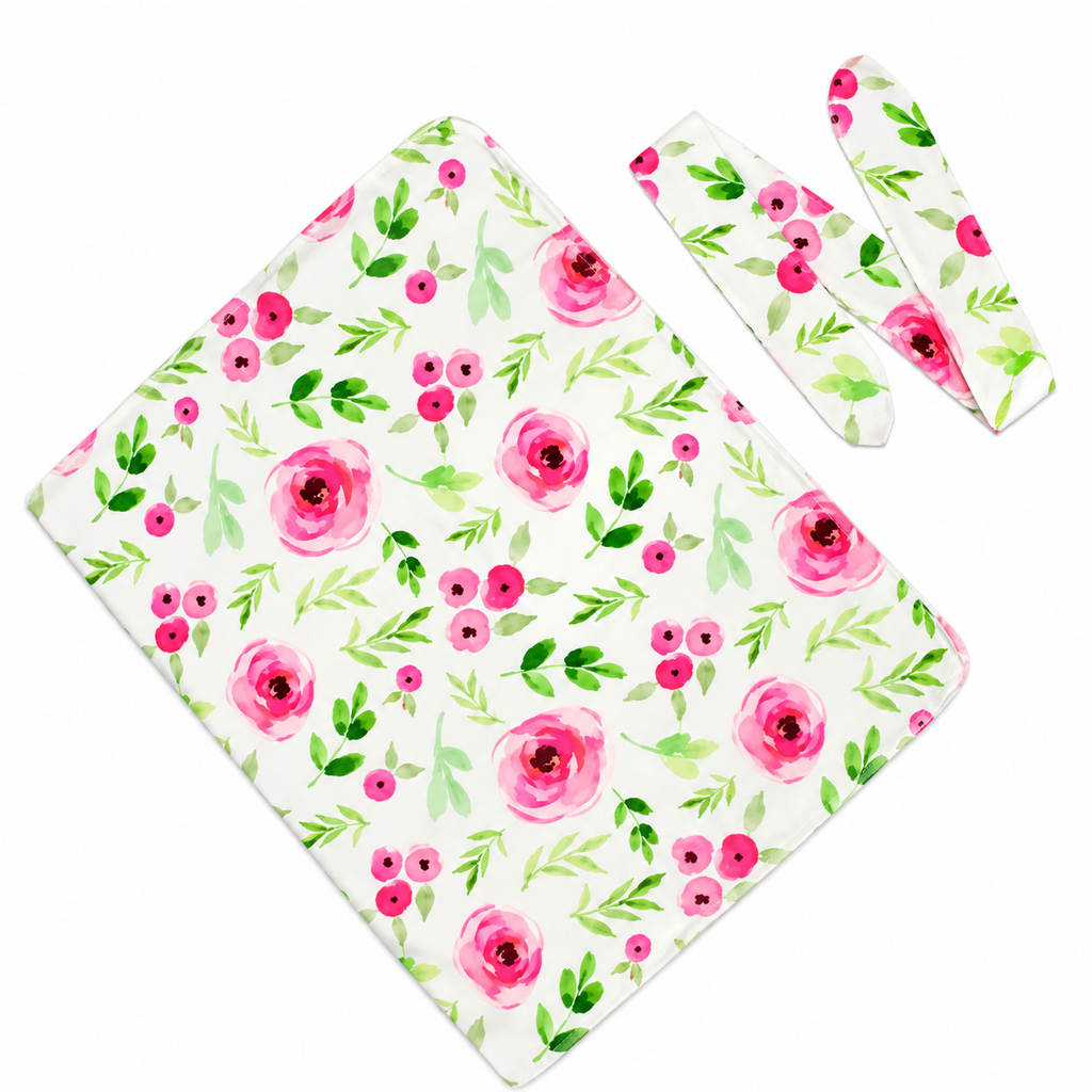 Baby Pink and Green Floral Swaddle Blanket with Headband