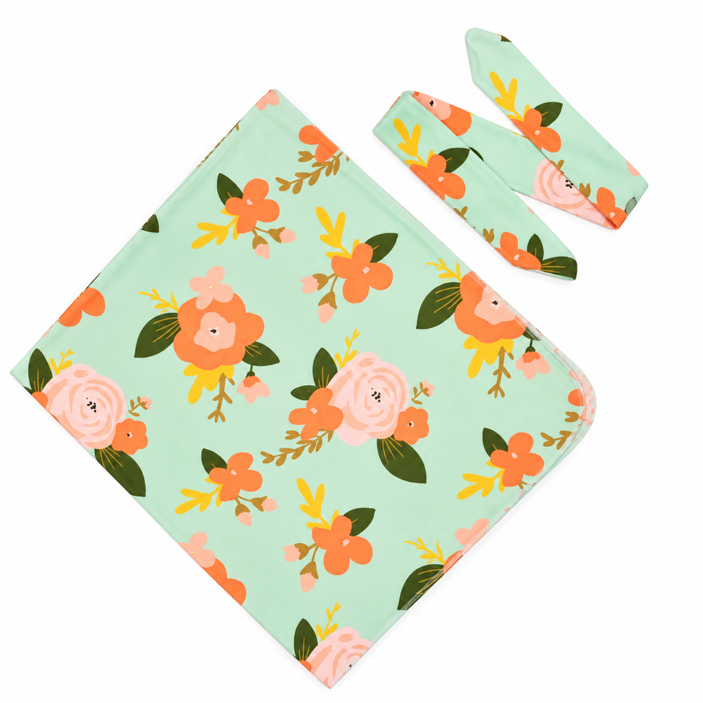 Baby Modern Floral Swaddle Blanket Set and Headband