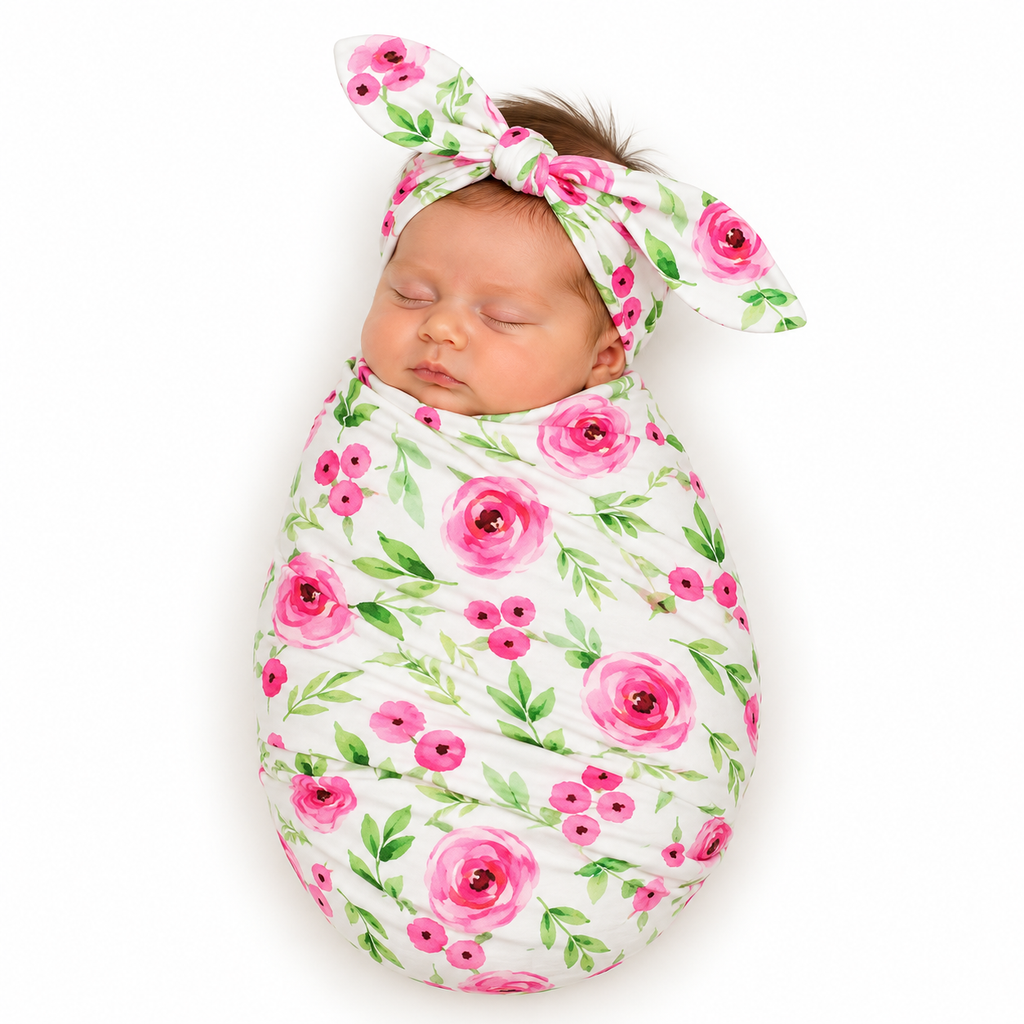 Baby Pink and Green Floral Swaddle Blanket with Headband