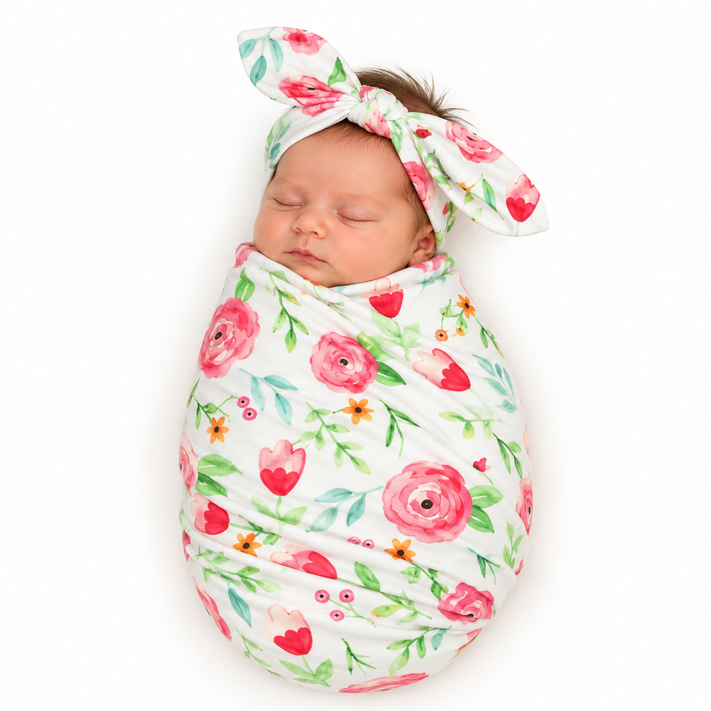 Baby Beautiful Floral Swaddle Blanket and Headband Set