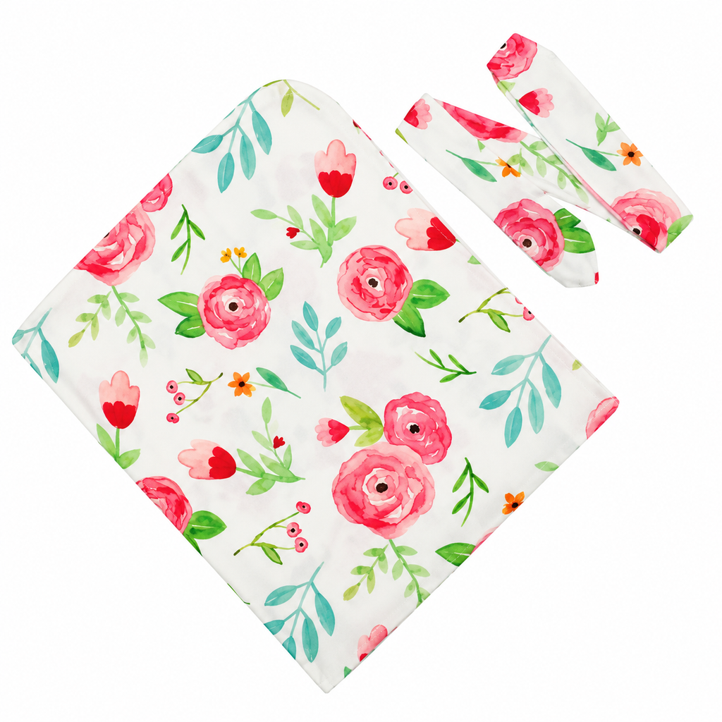 Baby Beautiful Floral Swaddle Blanket and Headband Set