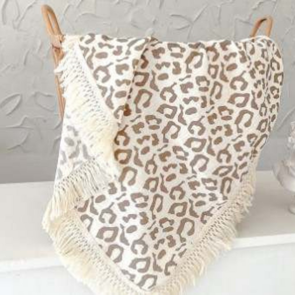 100% Cotton Muslin Fringe Blanket - Leopard Print