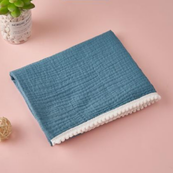 100% Cotton Muslin Pom Pom Blanket - Blue