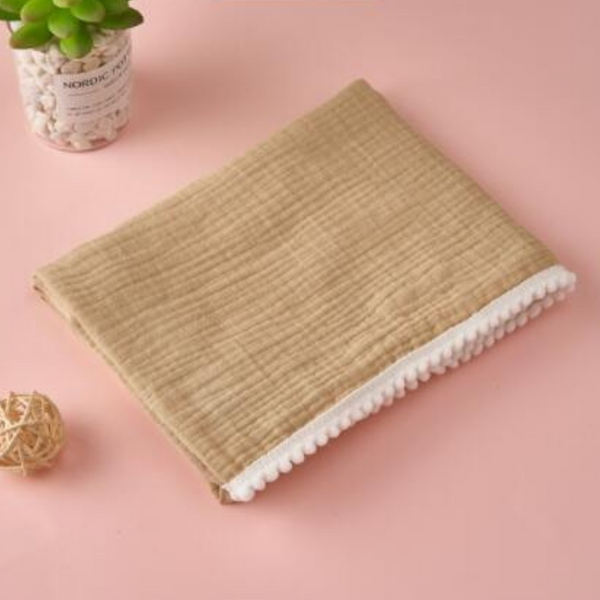 100% Cotton Muslin Pom Pom Blanket - Khaki