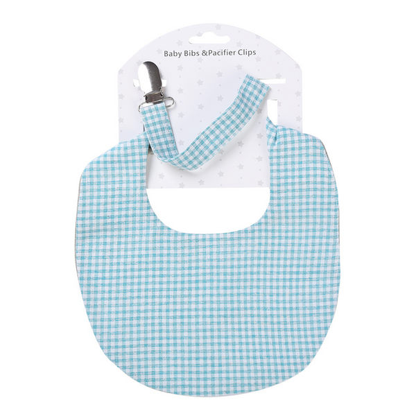Cotton Bib & Dummy Clip - Turquoise and Grey Check