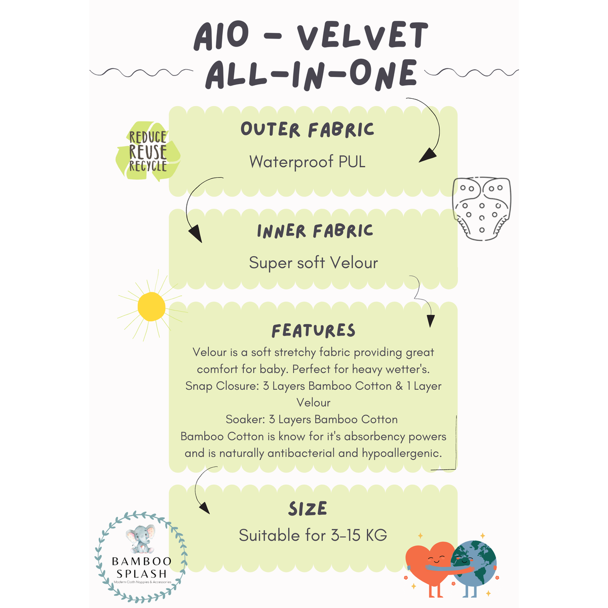 AIO Velvet Cloth Nappy - Red Feathers