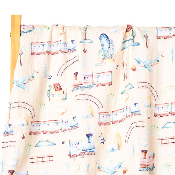 Bamboo Cotton Muslin Blanket - Trains and Planes