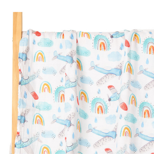Bamboo Cotton Muslin Blanket - Watercolor Airplanes