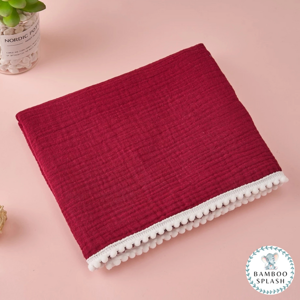 100% Cotton Muslin Pom Pom Blanket - Wine Red