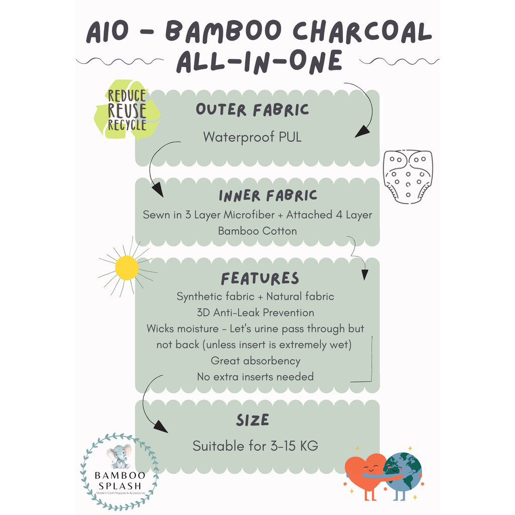 AIO Bamboo Charcoal Cloth Nappy - Fairy Feathers