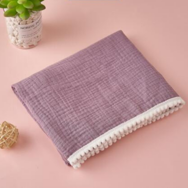 100% Cotton Muslin Pom Pom Blanket - Lilac