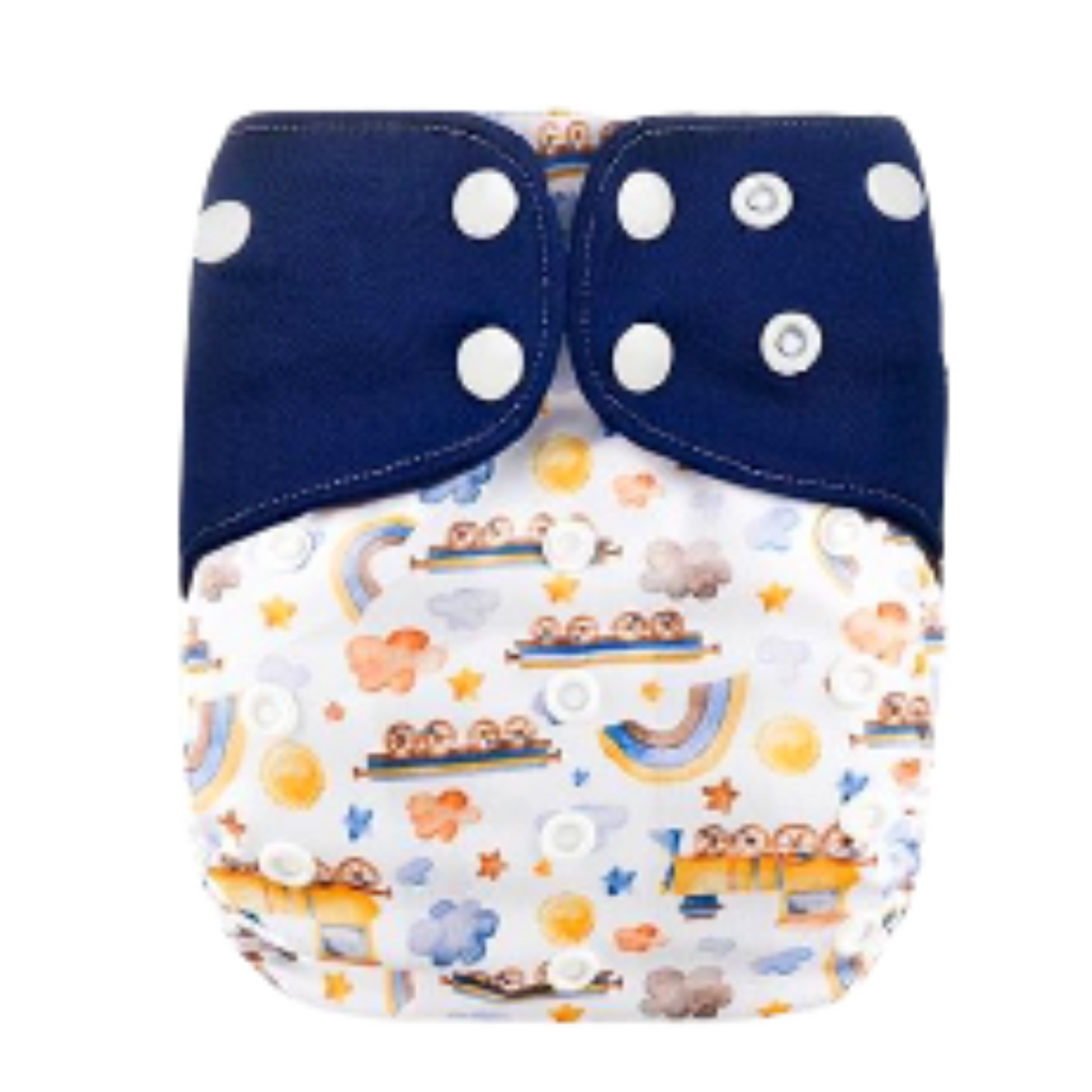 Pocket AWJ Grey Mesh Cloth Nappy - Light Trains